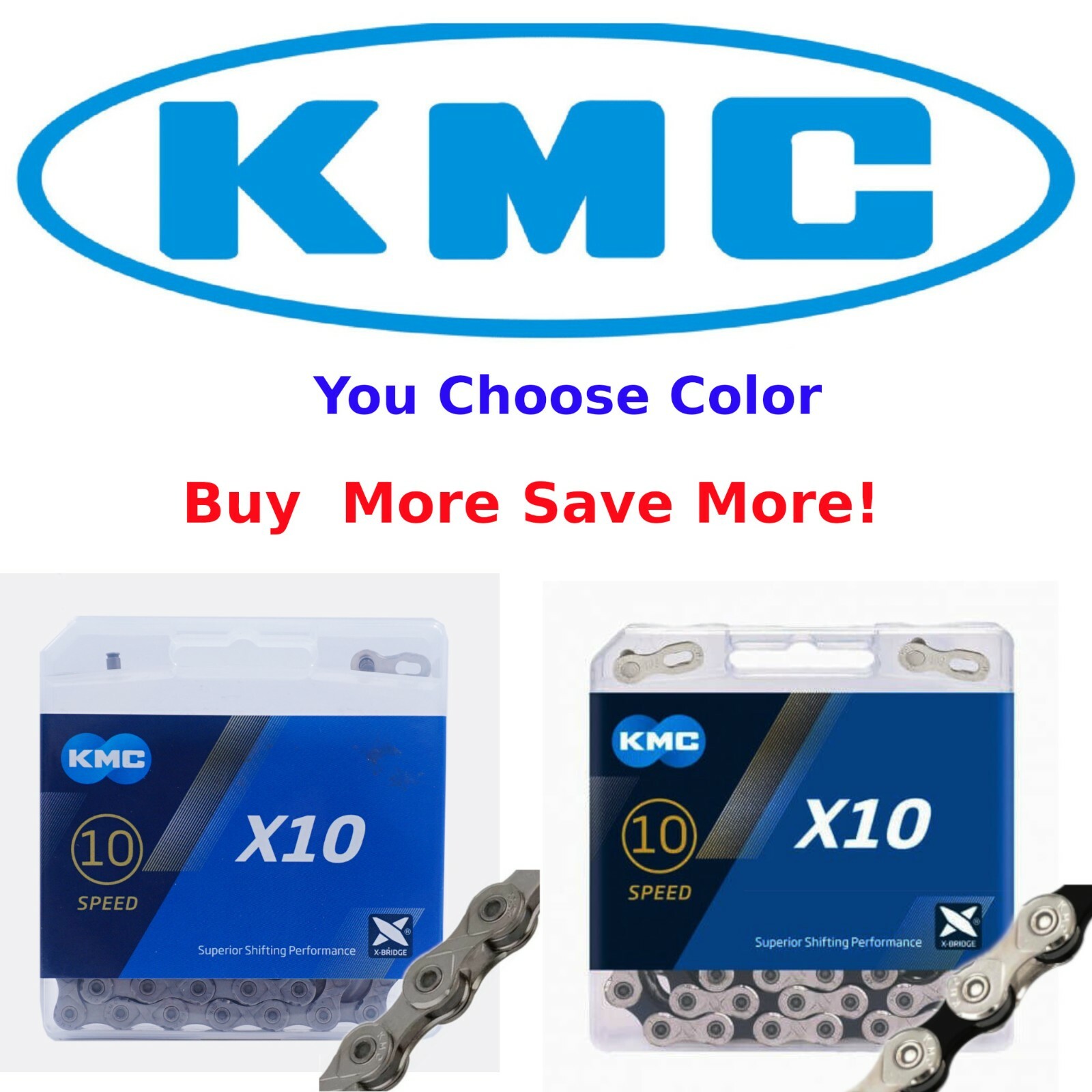 KMC X10 10 Speed Bike Chain 116L Silver-Black or Grey fit Shimano SRAM Campy
