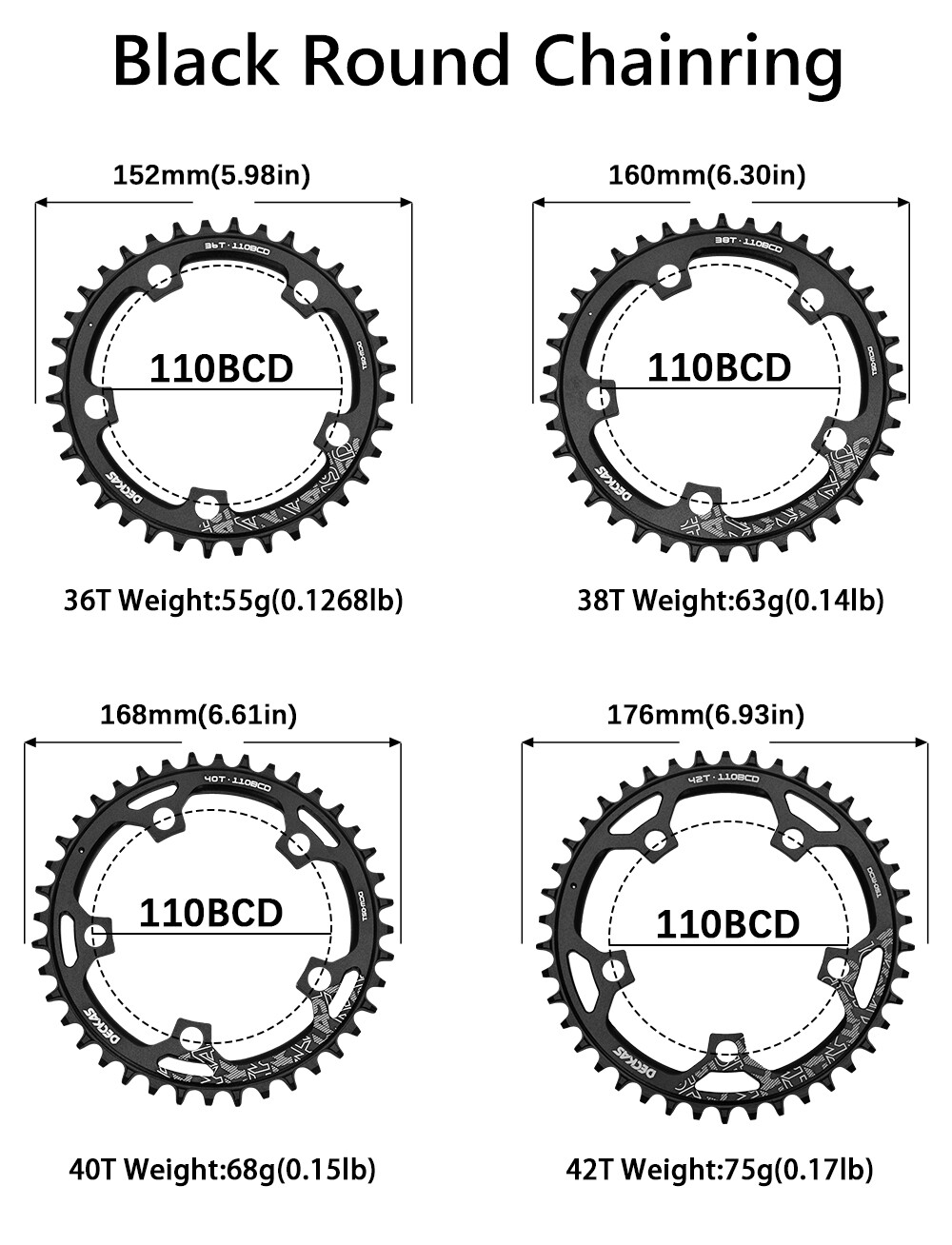 Bicycle Chainring 110BCD 5 Arm Round Single Wide Narrow Chain Wheel 36-54T Black
