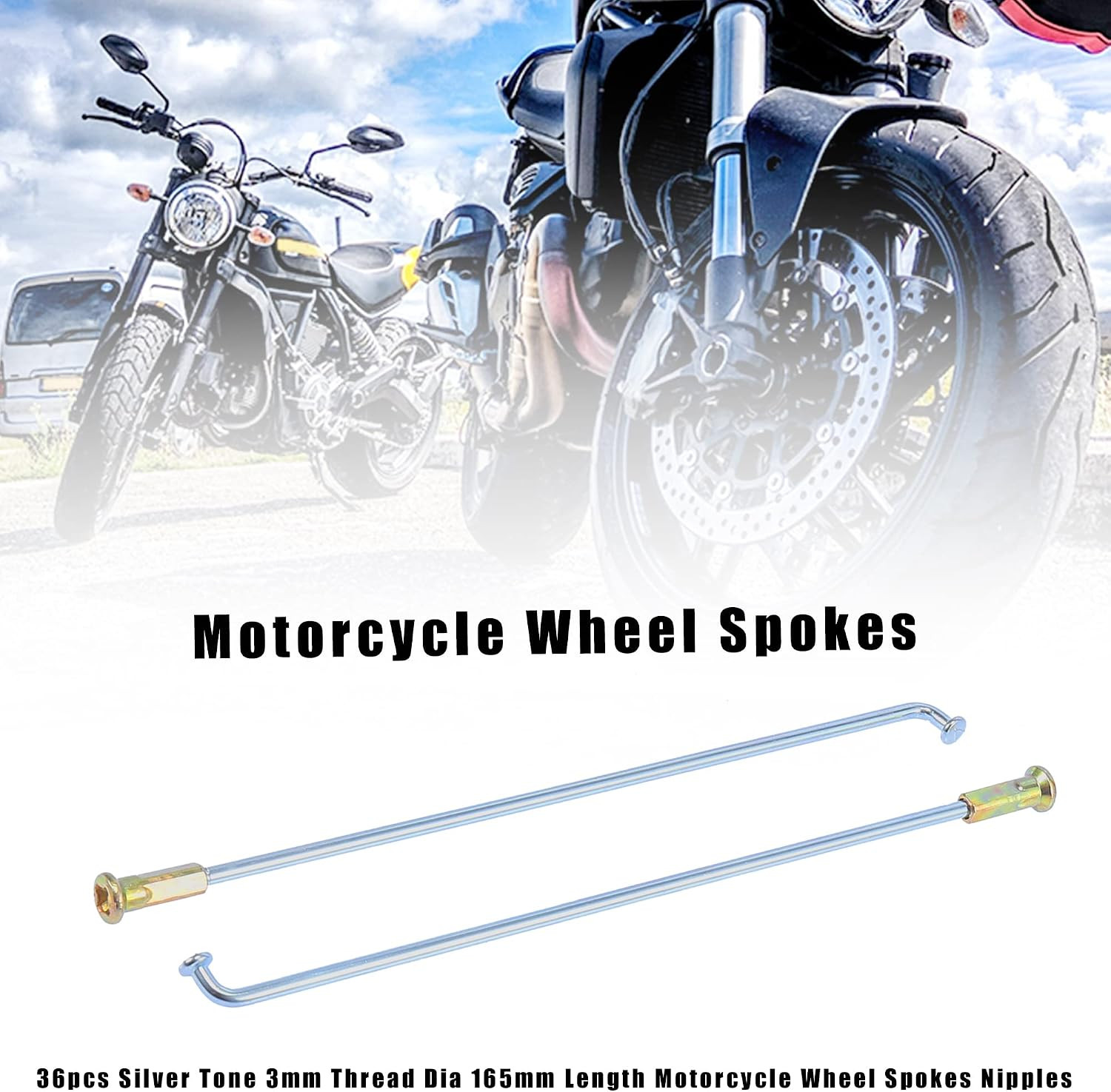 36Pcs Silver Tone 3Mm Thread Dia 160Mm Length Motorcycle Wheel Spokes Nipples