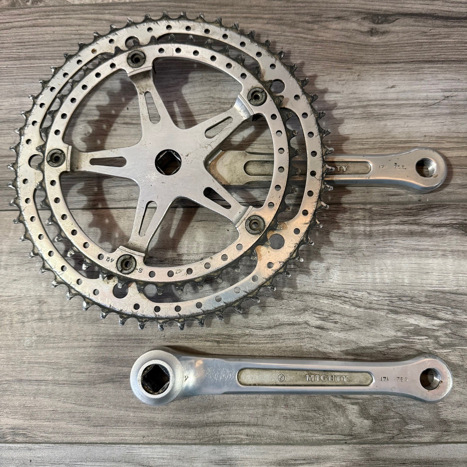 Vintage Sugino Mighty Crankset 171 53 42 Square Taper Drillium 144BCD Drilled 