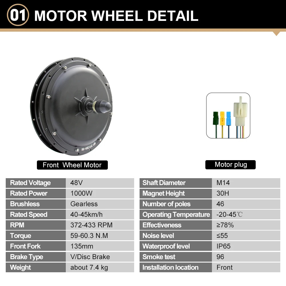 20/24/26inch 48V 1000W Snow E-bike Conversion Kit Gearless Front Wheel Motor