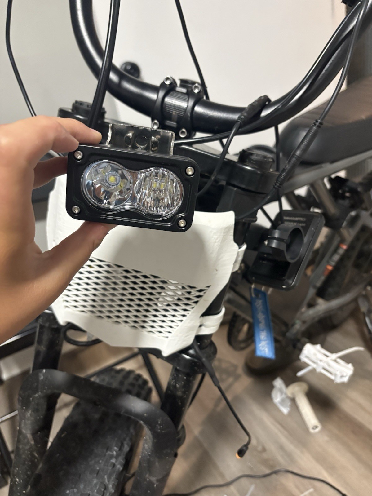E-Bike LED Headlight Component Black Plastic Metal with Wiring Connector Used