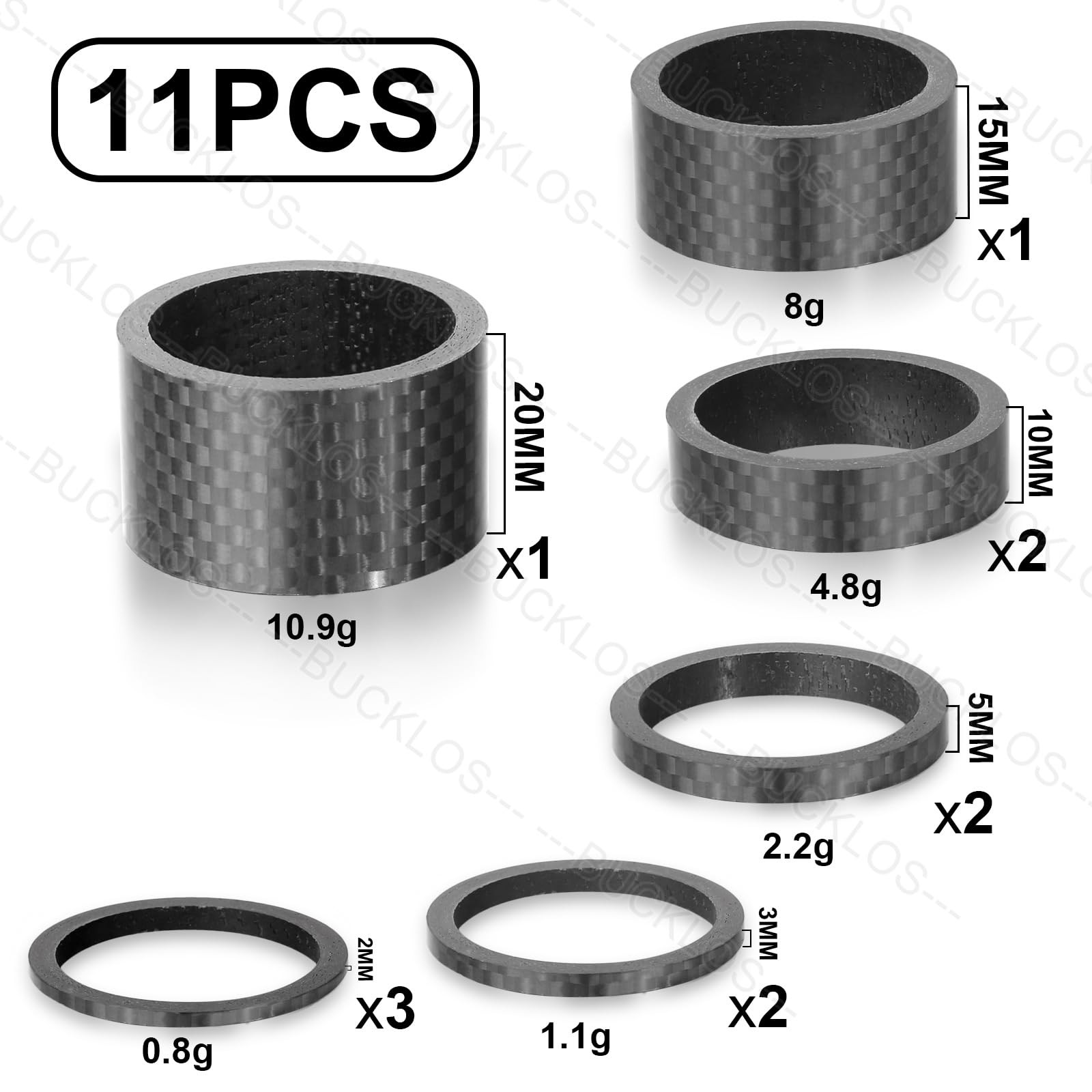 BUCKLOS 11 PCS Bike Headset Spacer Aluminum Alloy/Carbon Fiber 20 15 10 Matte