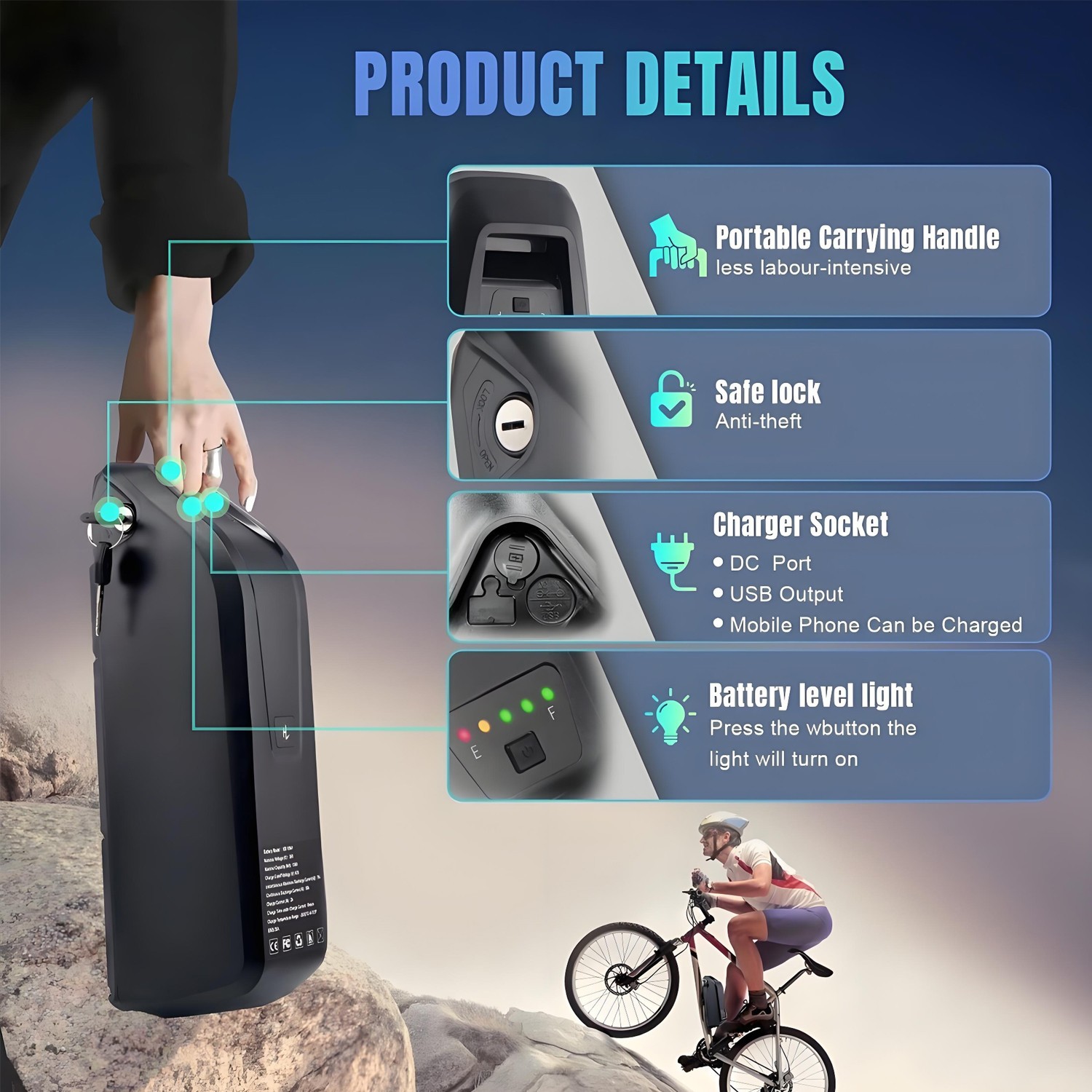 UUG Electric Bicycle 52V/48V/36V Ebike Li-ion Battery w/USB for 2000W Motor 5Pin