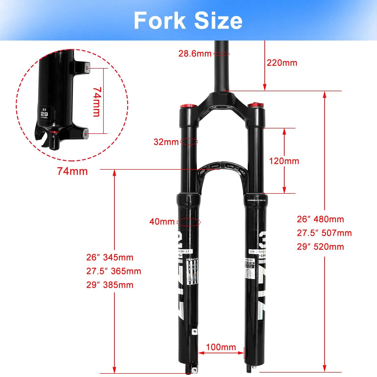 26/27.5/29 inch MTB Dual Air Suspension Fork, 1 1/8 Straight Tube, 120mm Trav…