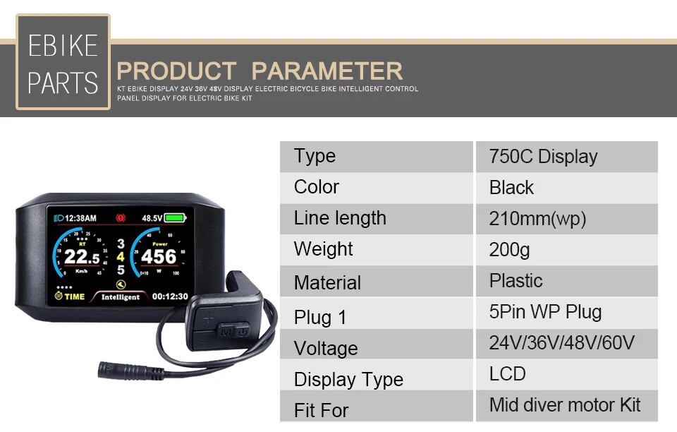 E-bike LCD 750C Display for Electric Bicycle Mid Drive Motor 36V 48V 52V 60V