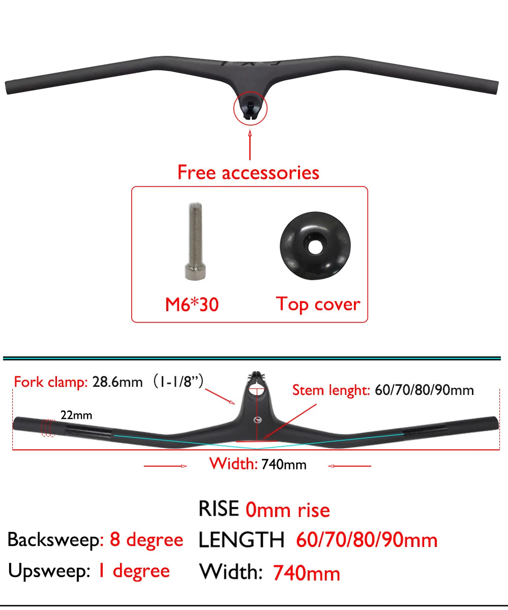 Light Weight Carbon Fiber Integrated MTB Bicycle Handlebar 28.6mm 740mm