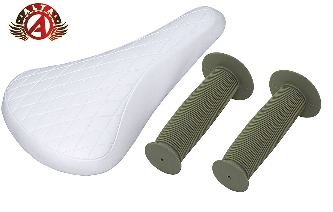 ALTA White Diamond Saddle & White Mushroom Grips BMX BIKES.