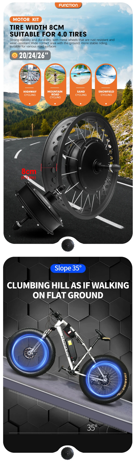 48V 2000W 20/24/26inch Snow E-bike Fat Brushless Gearless Rear Rotate Hub Motor