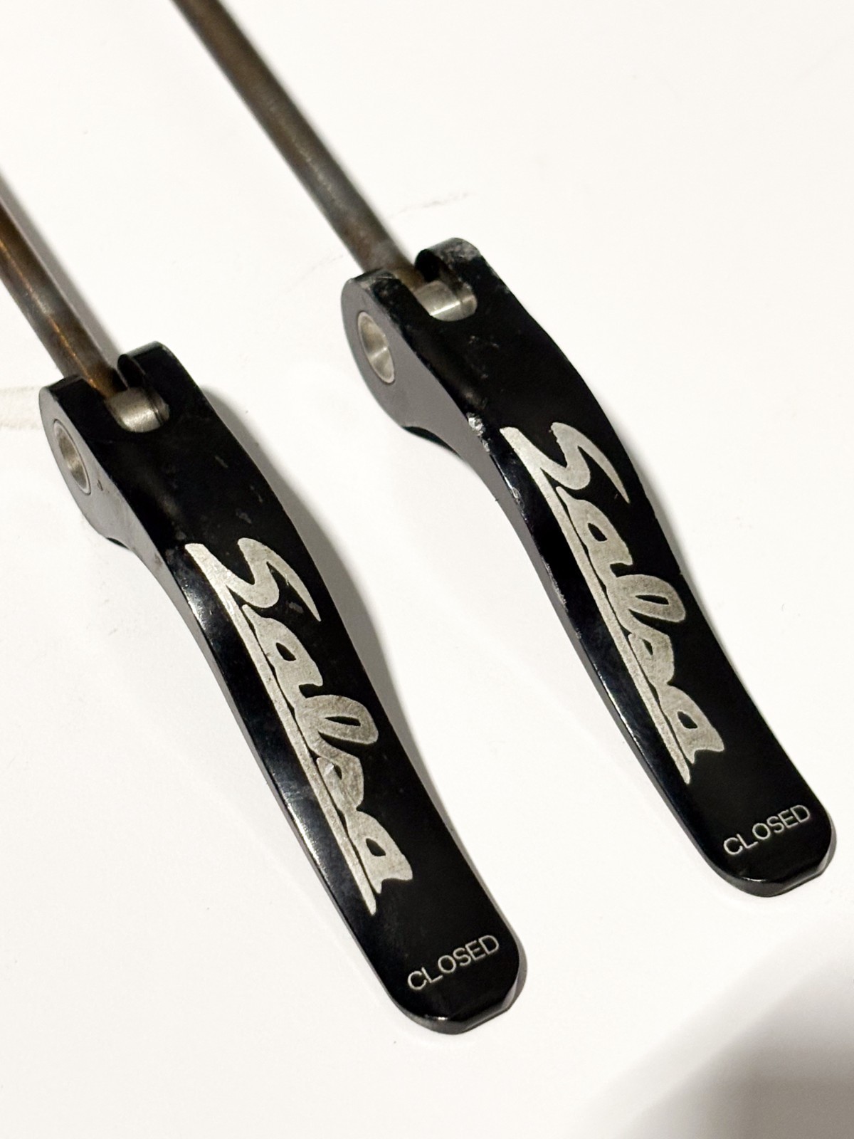 Black Salsa Logo Flip Off Front 100mm Rear 135mm Steel Quick Release Skewer Set