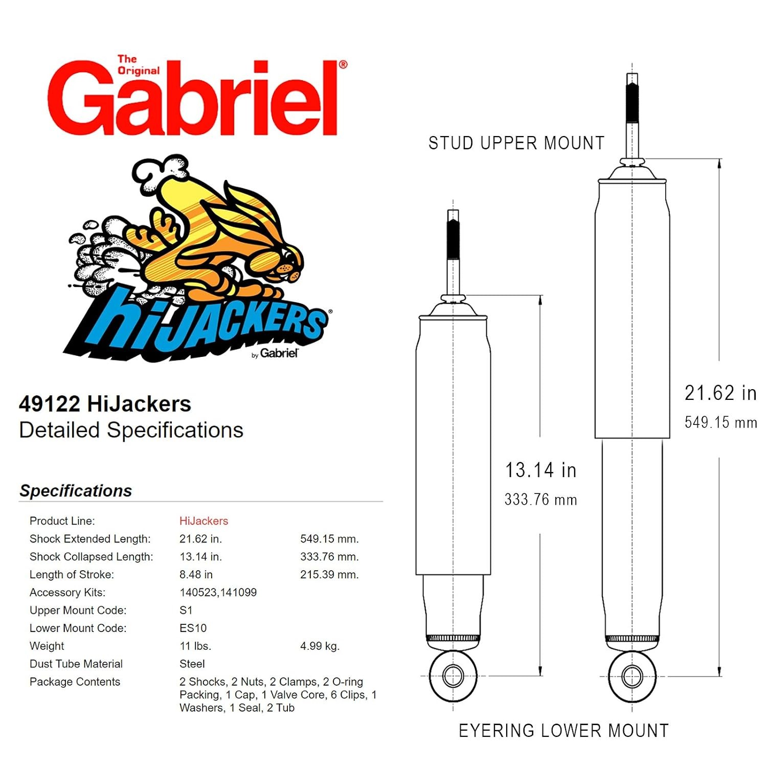 Gabriel HiJackers 49122 Adjustable Rear Air Shocks (Pair) fits 68-70 Cadillac El