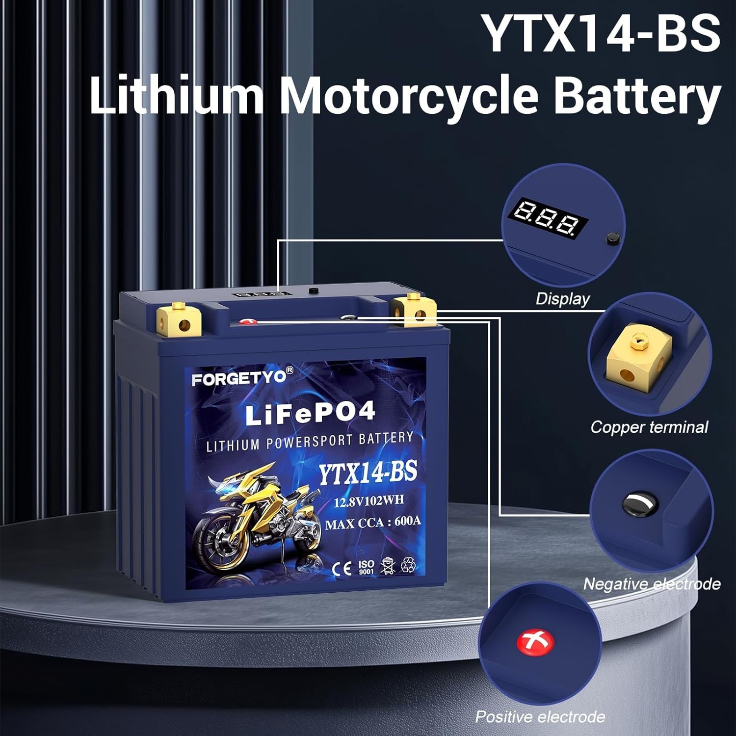 Lithium Motorcycle Battery, ATV Battery 12V 8AH 600CCA Compatible with YTX14-BS