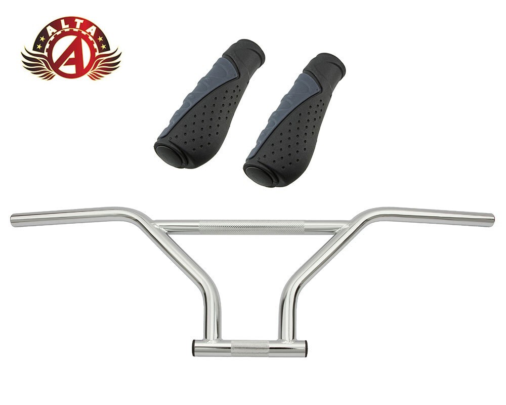 ALTA 4-Piece BMX Handlebar Old School Chrome W/ 135mm SPORTY ERGONOMIC GRIPS.