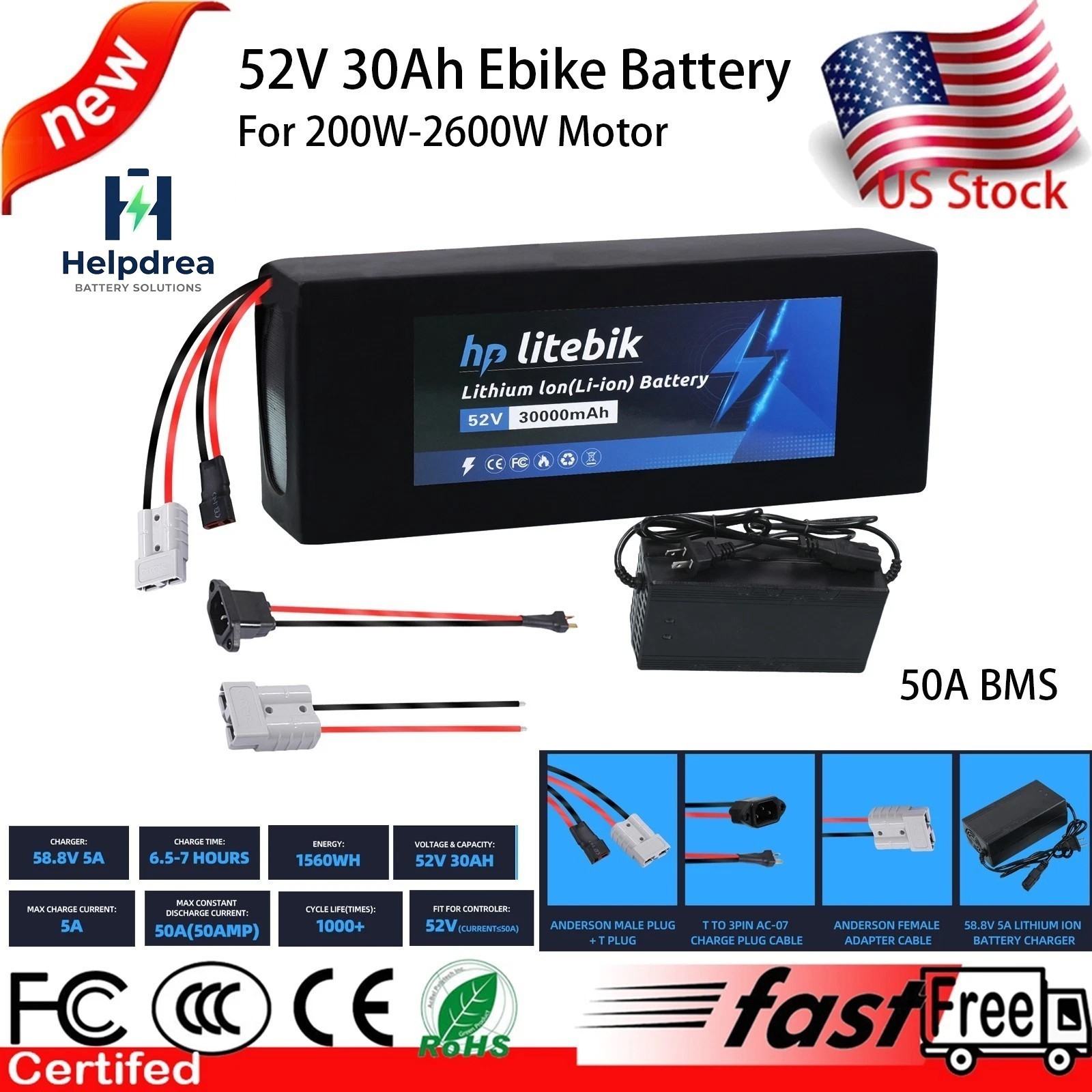 52V 30Ah 30000mAh 200-2600W Electric Bike Bicycle Ebike Lithium Battery 50A BMS