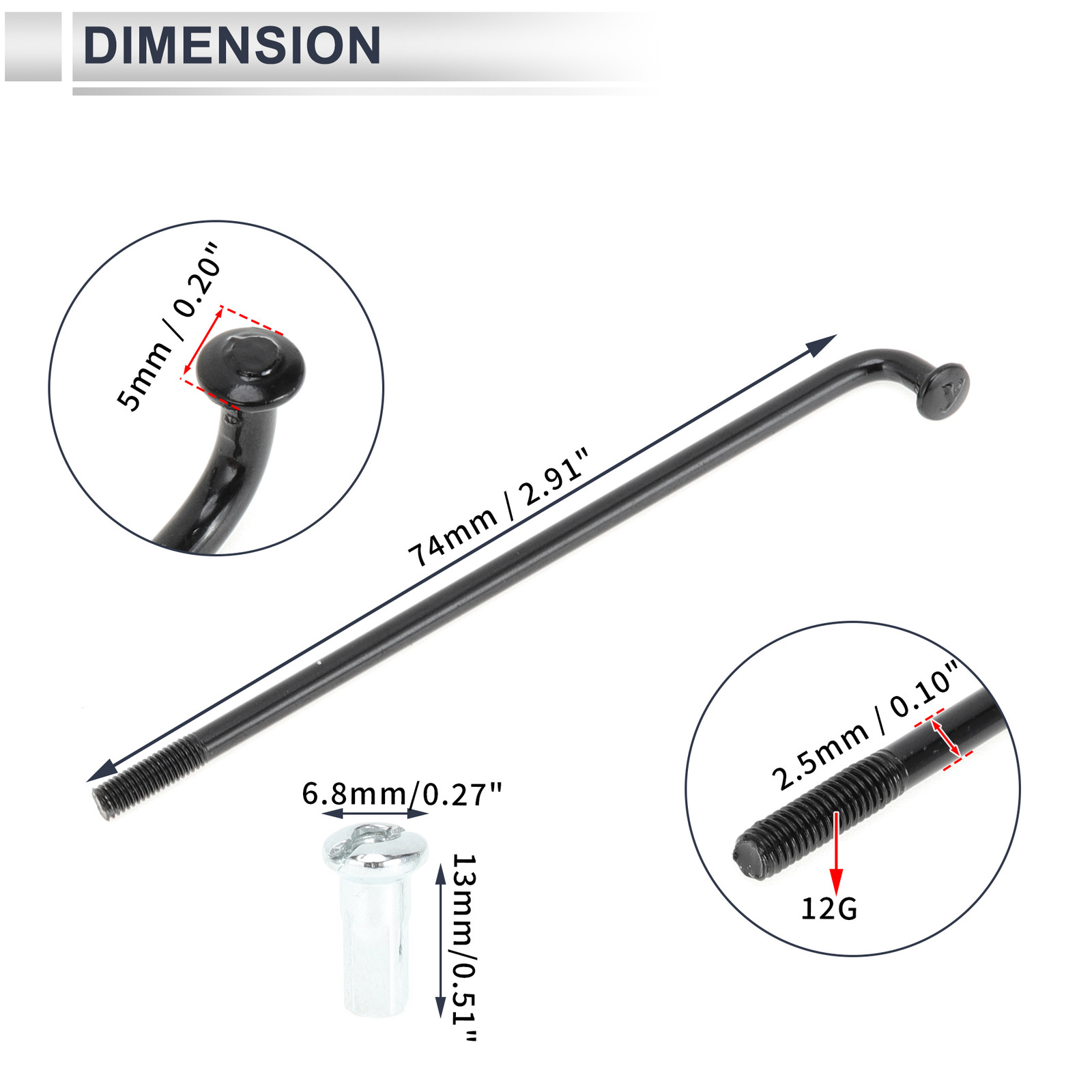 1 Set 12G 74mm Length Bicycle Spokes Nipple Carbon Steel Black Universal