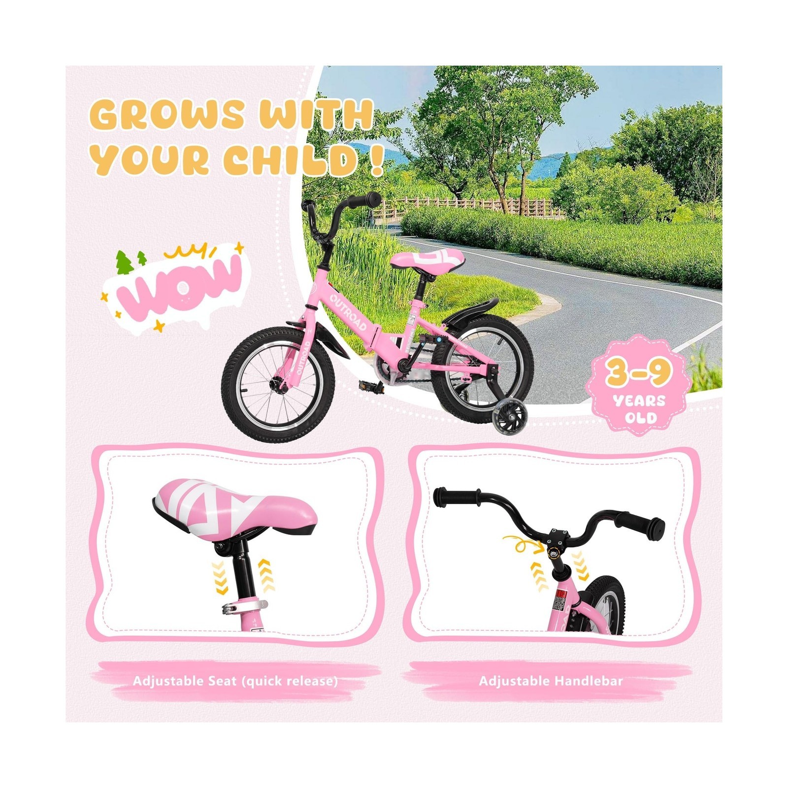 14 Inch Folding Kids Bike w/ Training Wheels, Gifts for Girl&Boy Age 3-10 Years