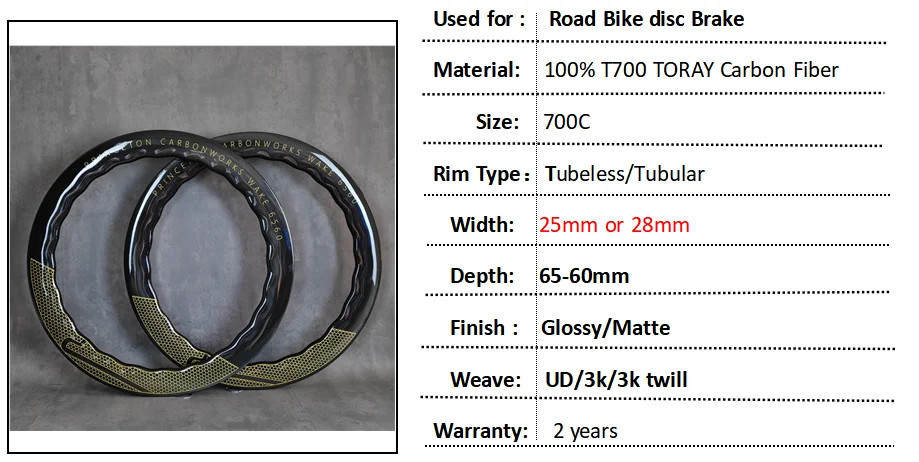 6560 Full Carbon Fiber Rim Disc Brake UD Matte Glossy Finish Depth 65mm Wheels
