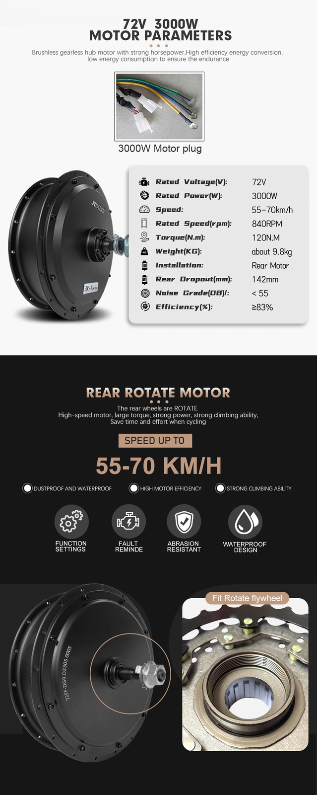 Mountain Electric Bike 72V 3000W Brushless Rear Hub Motor Wheel 20-29Inch 700C