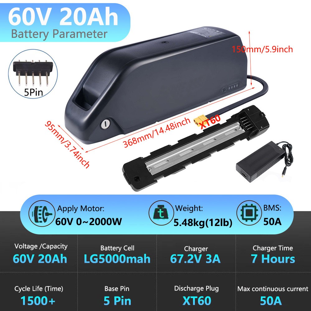 E-bike Battery 60V 52V 48V 25Ah Lithium Pack for Electric Bicycle 0~2000W Motor