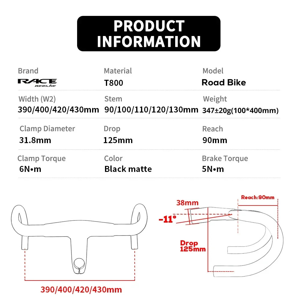 Full Carbon Fiber Road Bicycle Integrated Handlebar 390-430mm Width 28.6/31.8mm