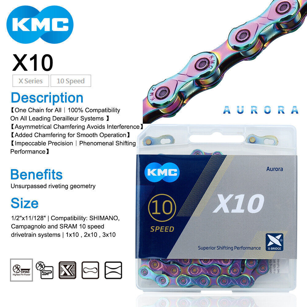 KMC X10 X11 X12 Chain Rainbow Aurora Shimano SRAM with 2 Quick Links
