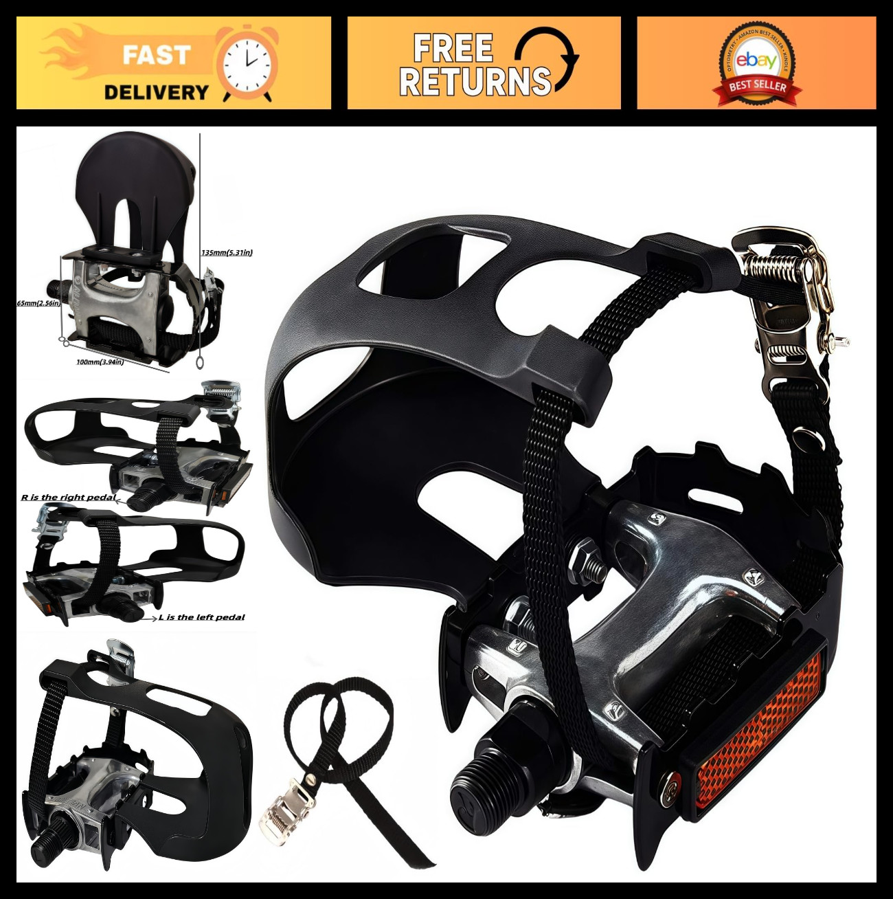 Pro-Grade Spin Bike Pedals with Toe Clips & Adjustable Straps – 9/16″ Alloy Spin