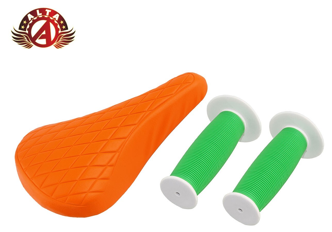 ALTA Orange Diamond Saddle & Green/White Mushroom Grips BMX BIKES.