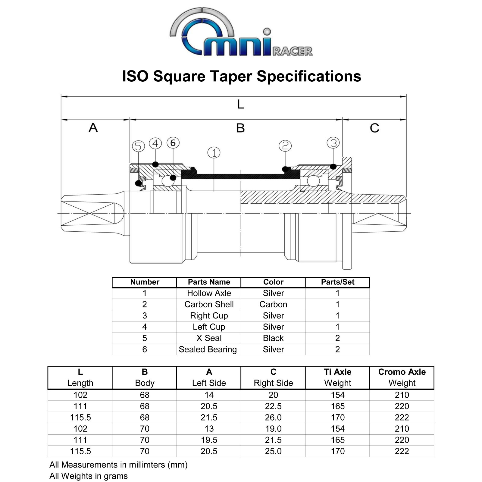 OMNI Racer Titanium Ti Ceramic ISO Square Taper Bottom Bracket: 70x111mm Italian