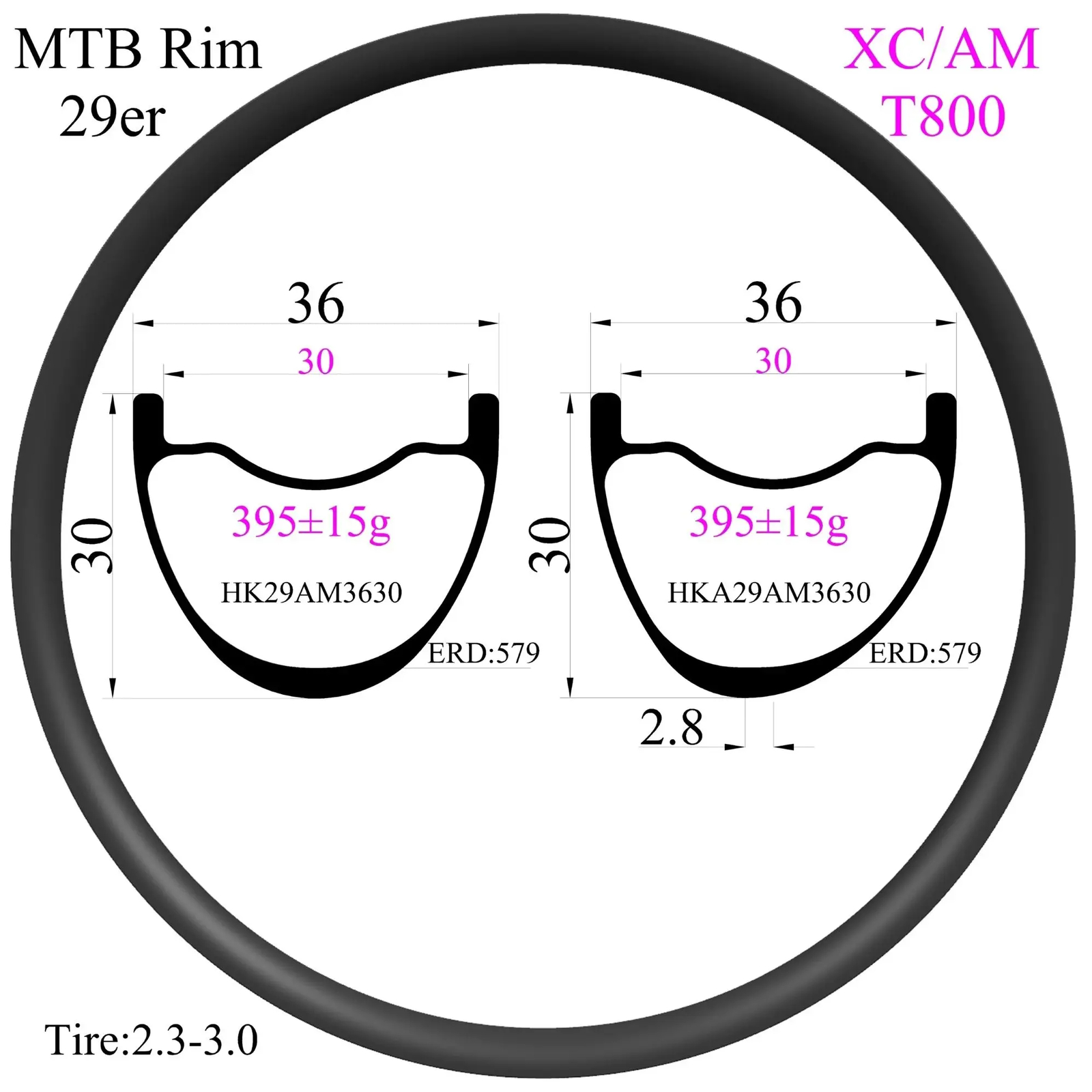 29er XC AM Carbon MTB Rims 36mm Width 30mm Depth Hookless Tubeless Rim