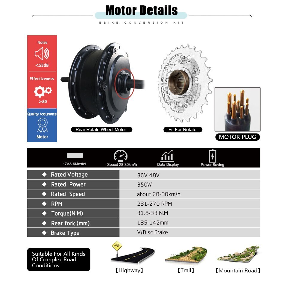 Electric Bike Conversion Kit 36V 48V 350W Rear Rotate Hub Motor Waterproof Plug