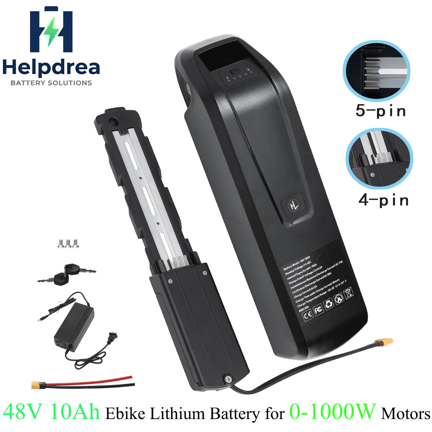 4-PIN 48V 10Ah Ebike Lithium Li-ion Battery for Electric Bicycle 0-1000W Motors