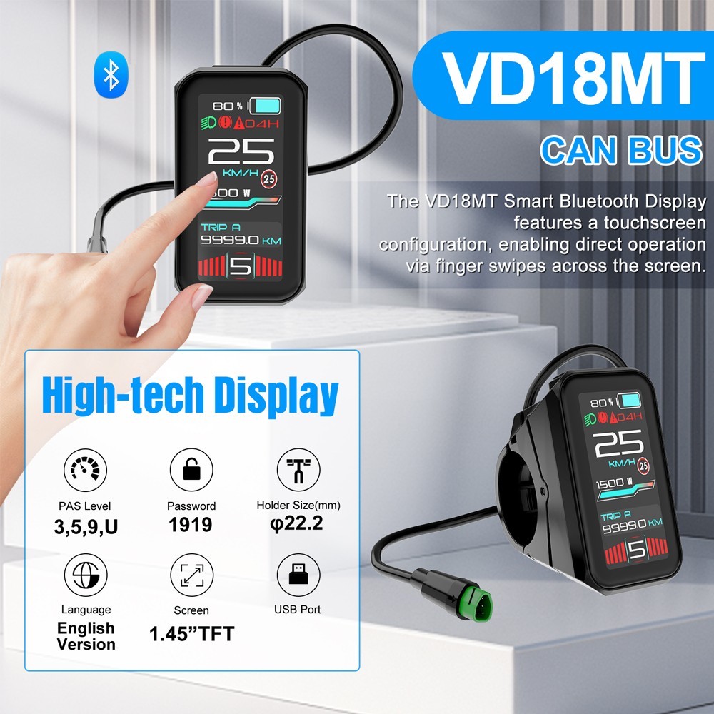 E-Bike Display VD18MT Touchscreen for Bafang CAN Protocol Mid-Drive Hub Motor US
