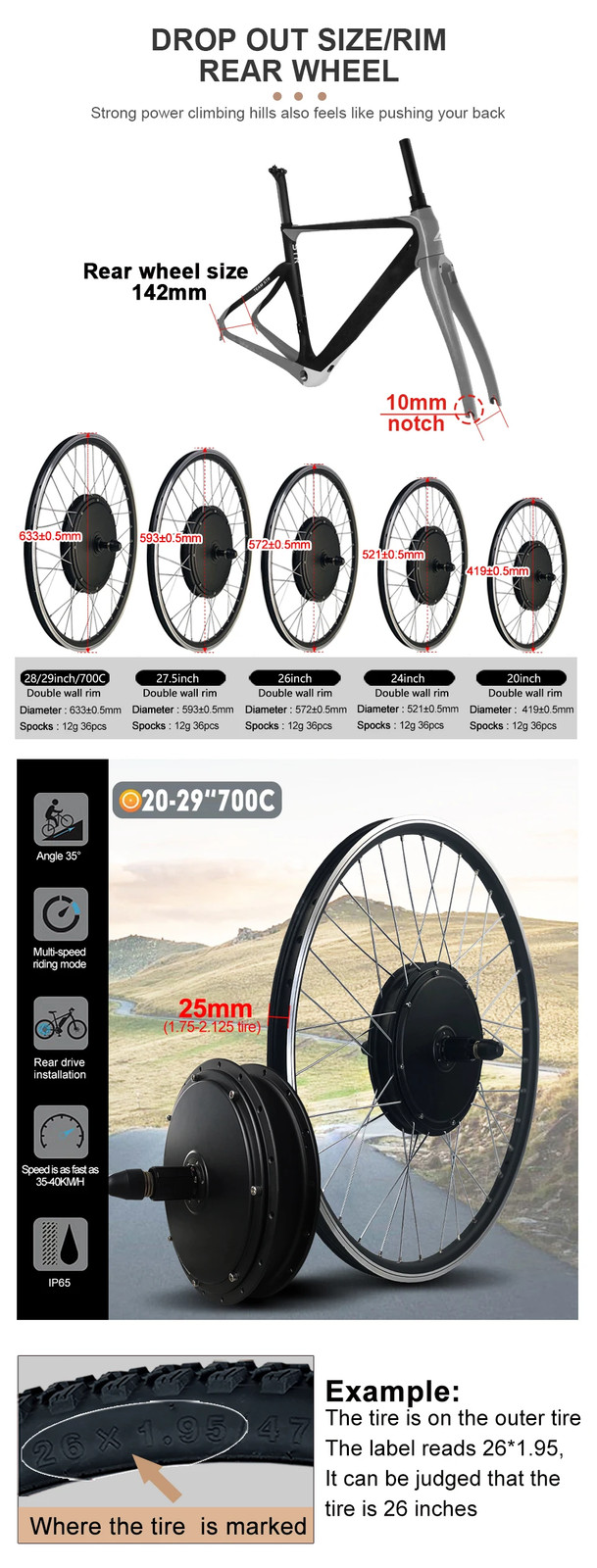 Mountain E-bike Conversion Kit 48V 1000W Brushless Rear Cassette Hub Motor Wheel