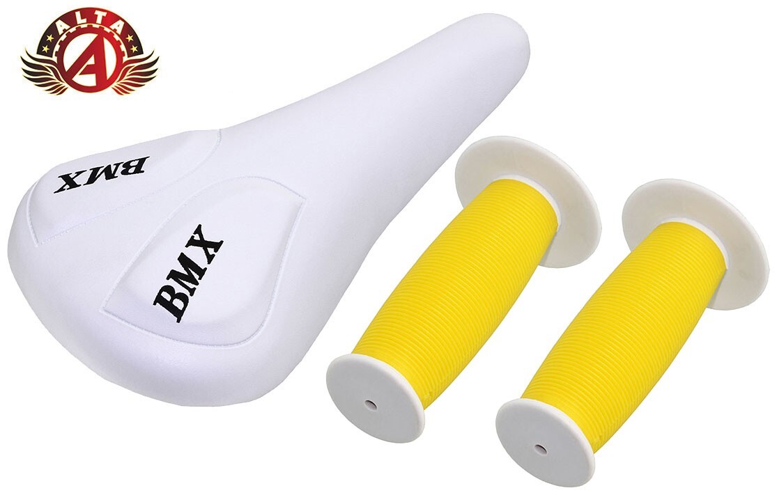 ALTA White BMX Vinyl Saddle & Yellow/White Mushroom Grips BMX BIKES.