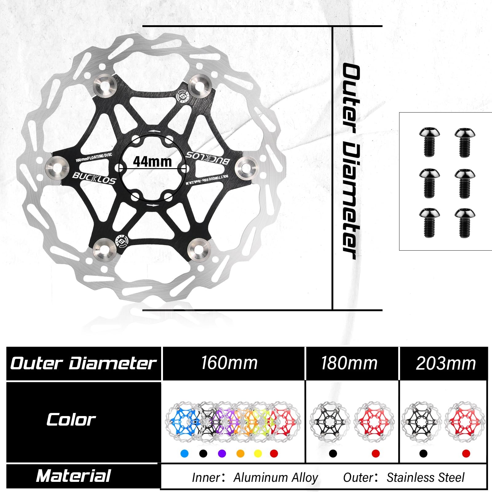 BUCKLOS 160mm 180mm 203mm Floating Disc Brake Rotor, Stainless 160mm, Black