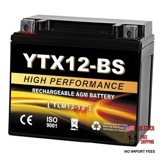 YTX12-BS 12V 10Ah AGM Sealed Motorcycle Battery, Maintenance-Free, YTX-12 Black