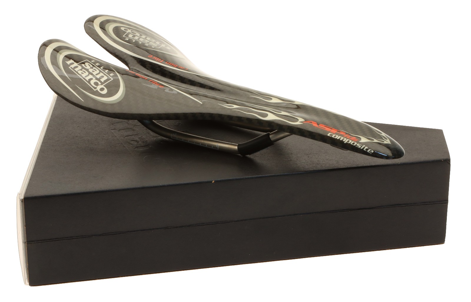 Selle San Marco Aspide Saddle Carbon Fiber Body Ti Rail Black Flames NIB NOS NEW