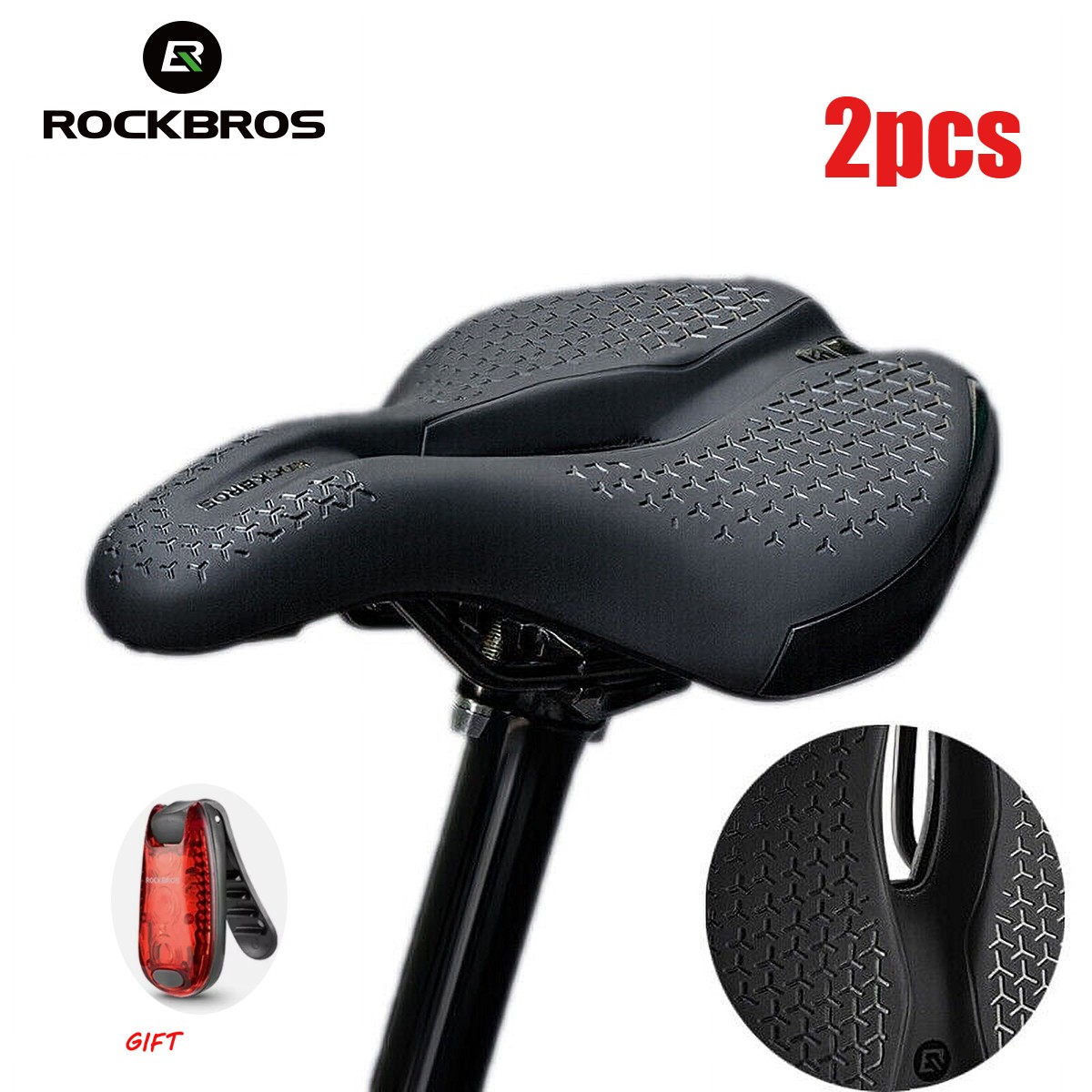 ROCKBROS 2pcs Bike Saddle Seat Soft Comfort Cycling Gel Pad Cushion &Lights