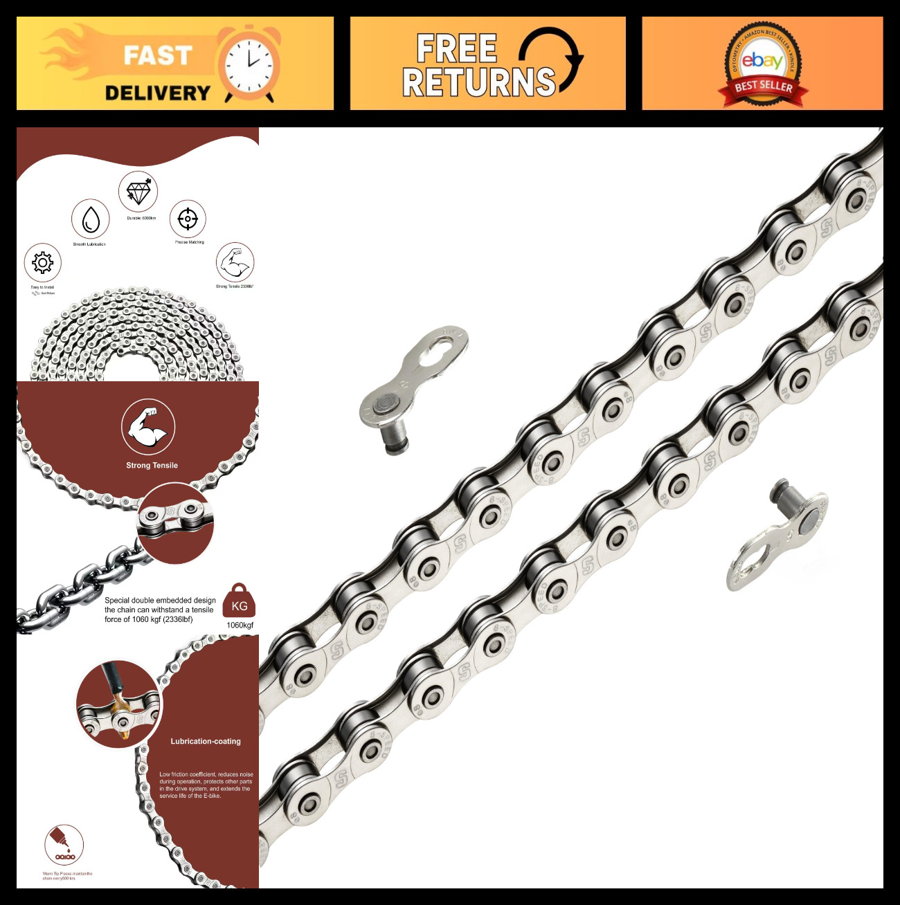 High-Strength E-Bike Chain Replacement, 136 Links, 6/7/8 Speed, Quick-Release Li