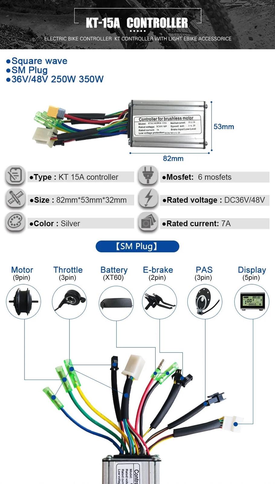E-bike Brushless Controller SM Connector Squarewave 24V 36V 48V 250W-1500W