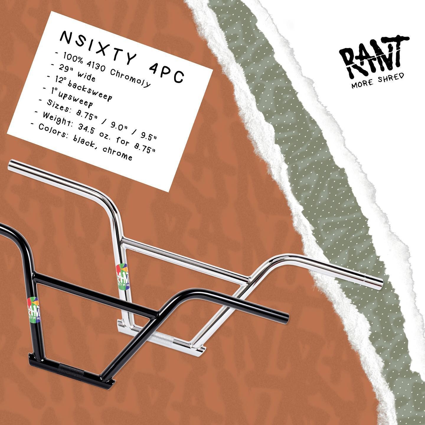 RANT NSIXTY 4PC BARS BMX HANDLEBARS 9.5″ 100% CHROMOLY SHADOW SUBROSA CHROME NEW