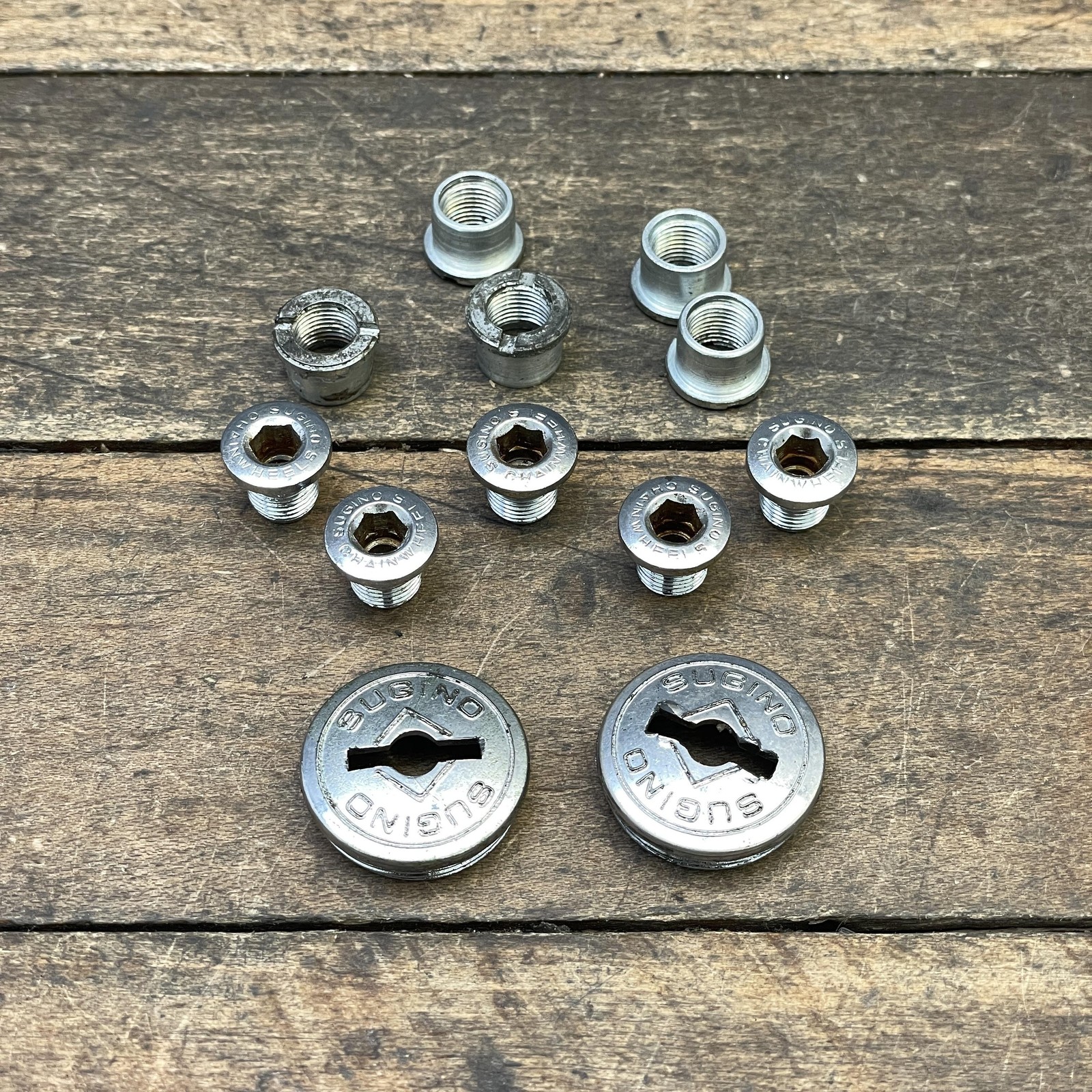 Vintage Sugino Chainring Bolts Nuts Dust Caps Silver Drivetrain Bike Parts Kit