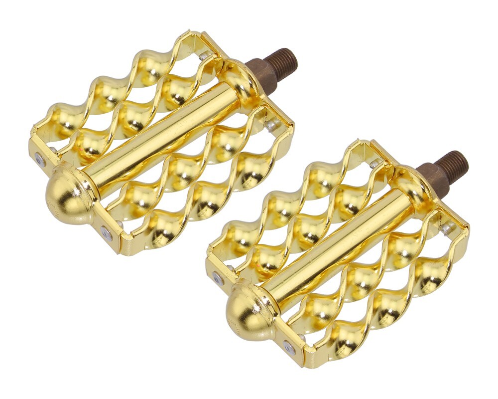 VINTAGE BICYCLE LOWRIDER DOUBLE FLAT TWISTED PEDALS 1/2 IN GOLD.