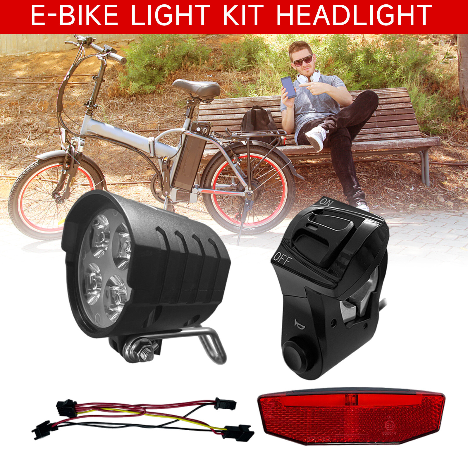 3 in 1 36V/48V/52V/60V kit e-Bike Light Kit Headlight& Tail Light with Horn