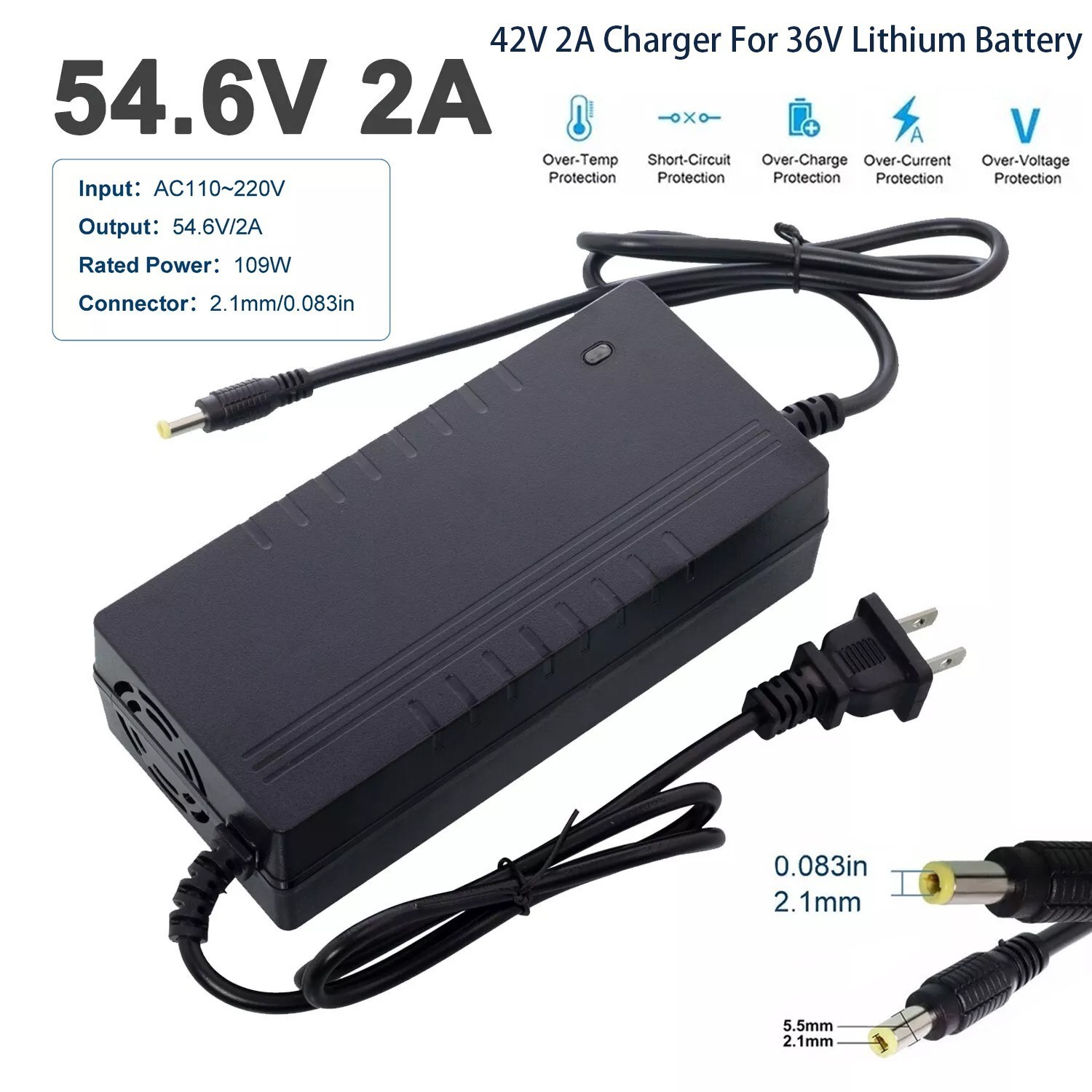 54V 2A Adapter Charger 48V Lithium Battery with 5.5mm*2.1mm DC Plug Port 108W 2