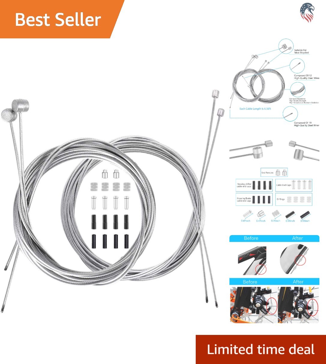 Bike Brake Shifter Cable Set Compatible with Mountain Road Bikes 4 End Caps F…