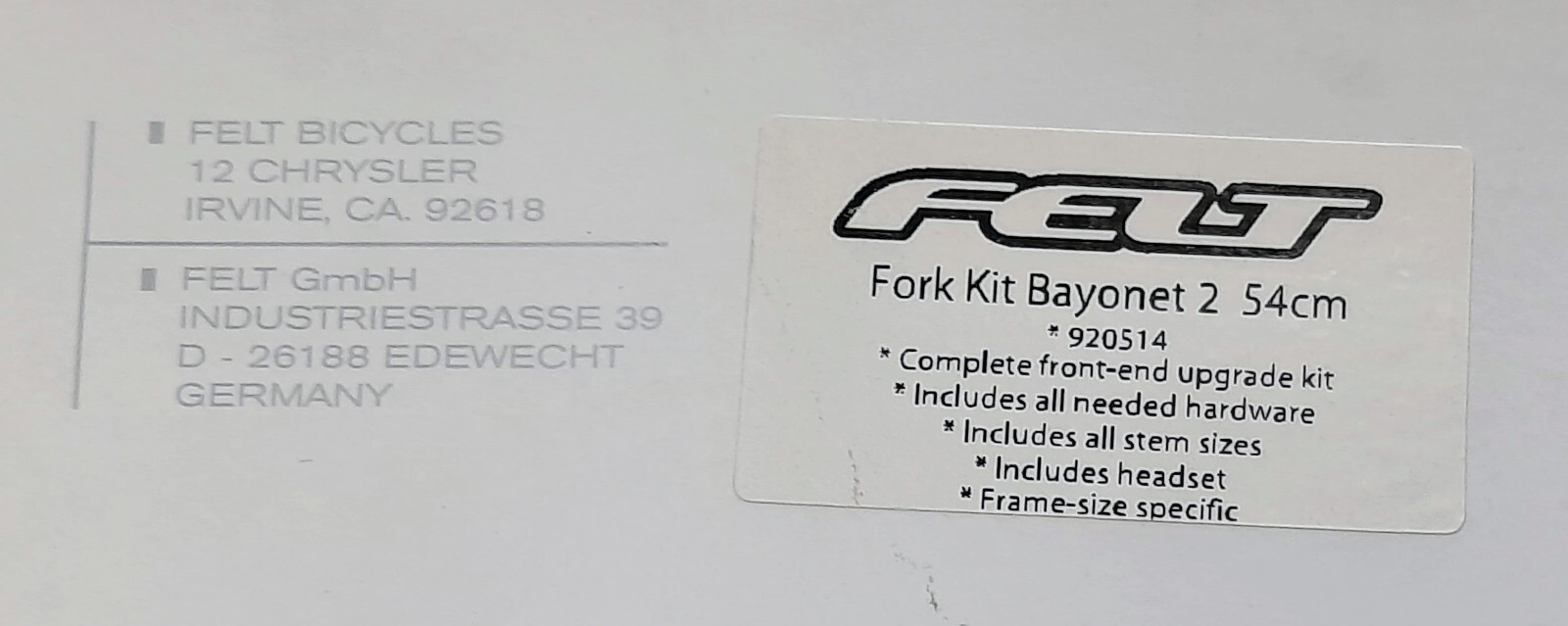 New Felt Bicycles Bayonet 1 and 2 Full Carbon Fork Complete Set 700c 54cm