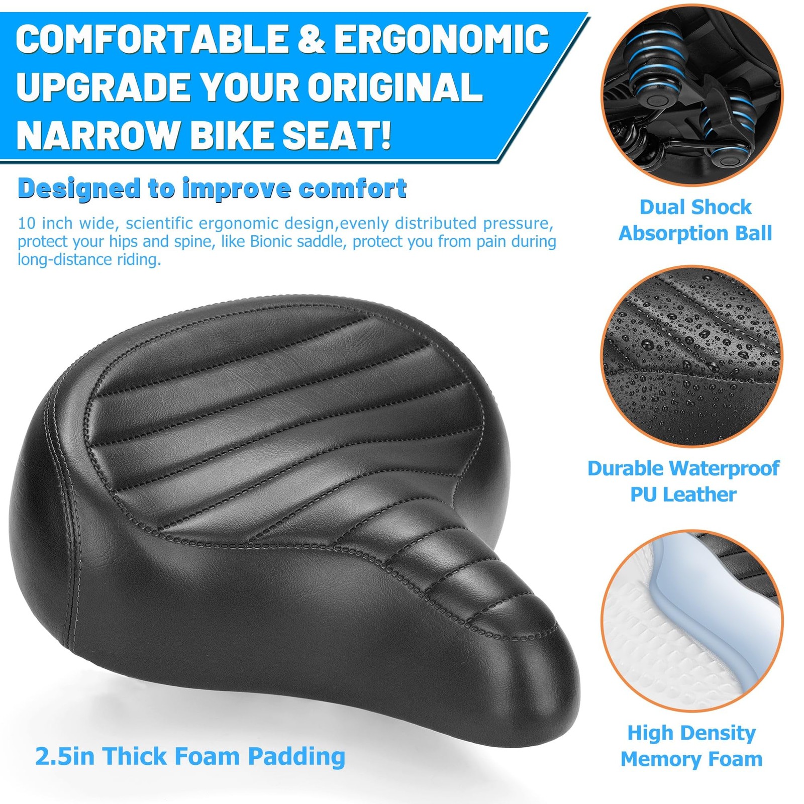 CDYWD Wide Bike Seat for Men Women Comfort, Large Soft Padded Large, C2 Black