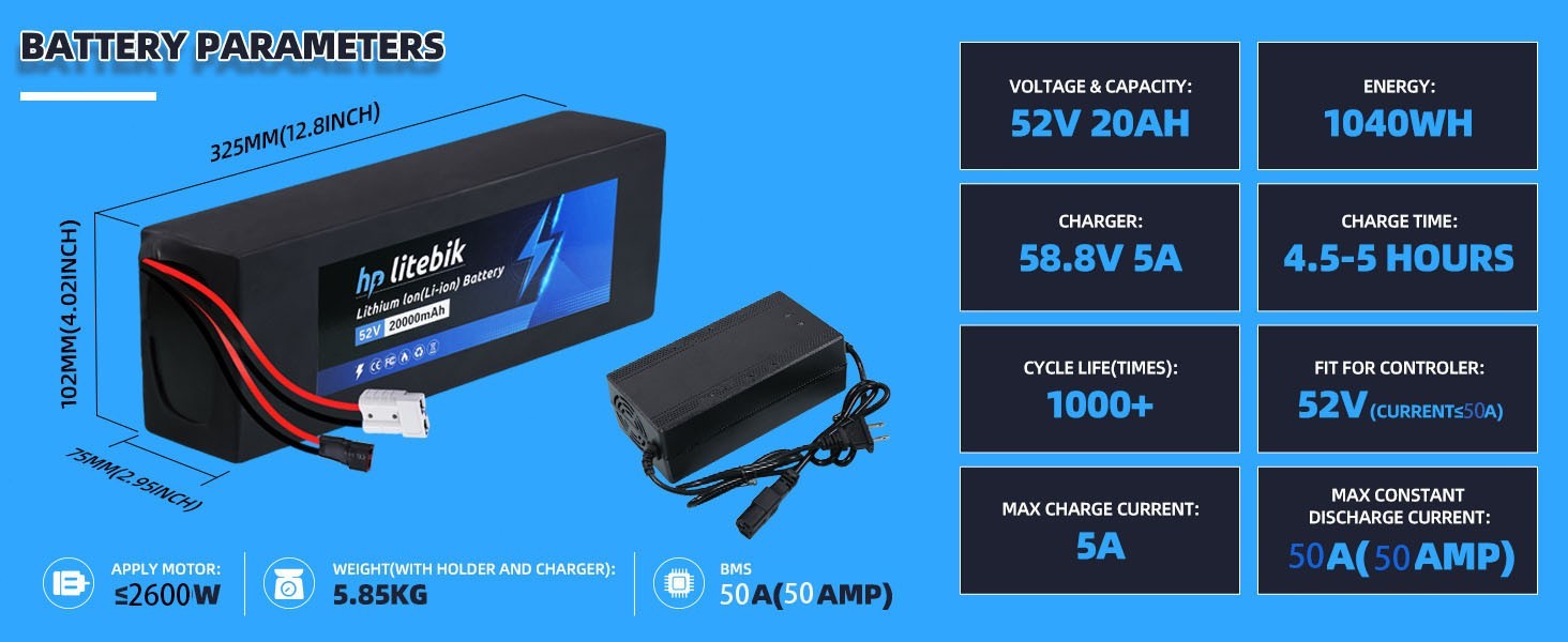 52V 20AH Ebike Battery 50A BMS for 200W-2600W Electric Bicycle Bike Scooter NEW