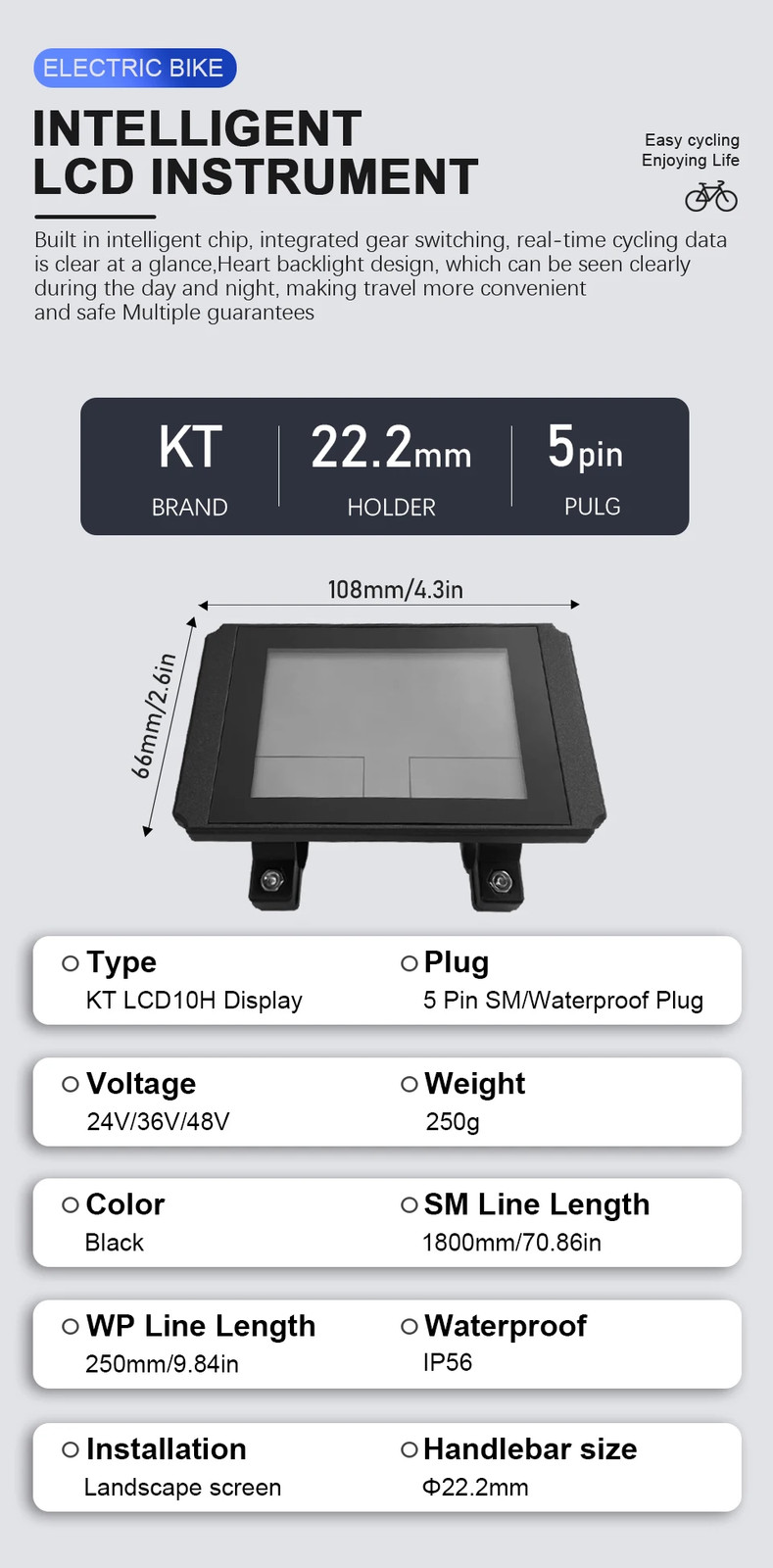 E-bike Display 24V/36V/48V LCD10H Ebike LCD SM/Waterproof Plug Display